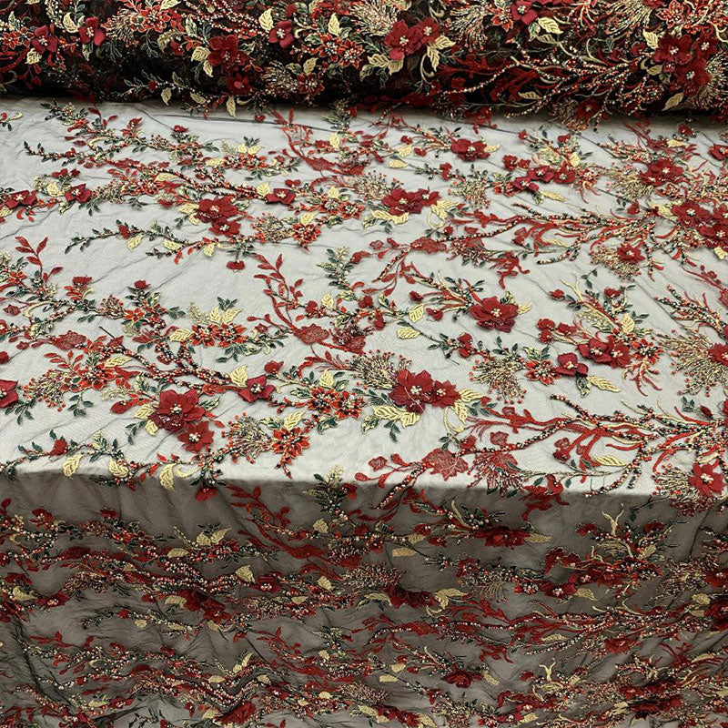 2020 Most Expensive Lace 3D Flowers/Floral Embroidery Beaded Mesh Lace Fabric With Beads And PearlsICEFABRICICE FABRICSRed2020 Most Expensive Lace 3D Flowers/Floral Embroidery Beaded Mesh Lace Fabric With Beads And Pearls ICEFABRIC | Red