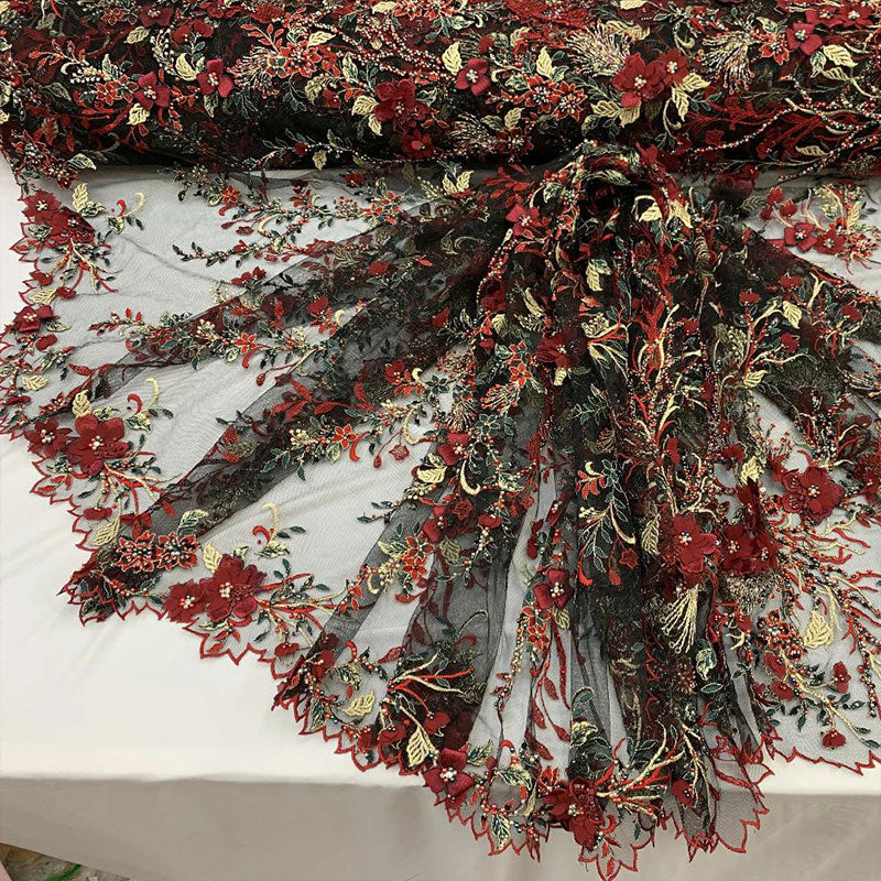 2020 Most Expensive Lace 3D Flowers/Floral Embroidery Beaded Mesh Lace Fabric With Beads And PearlsICEFABRICICE FABRICSRed2020 Most Expensive Lace 3D Flowers/Floral Embroidery Beaded Mesh Lace Fabric With Beads And Pearls ICEFABRIC | Red
