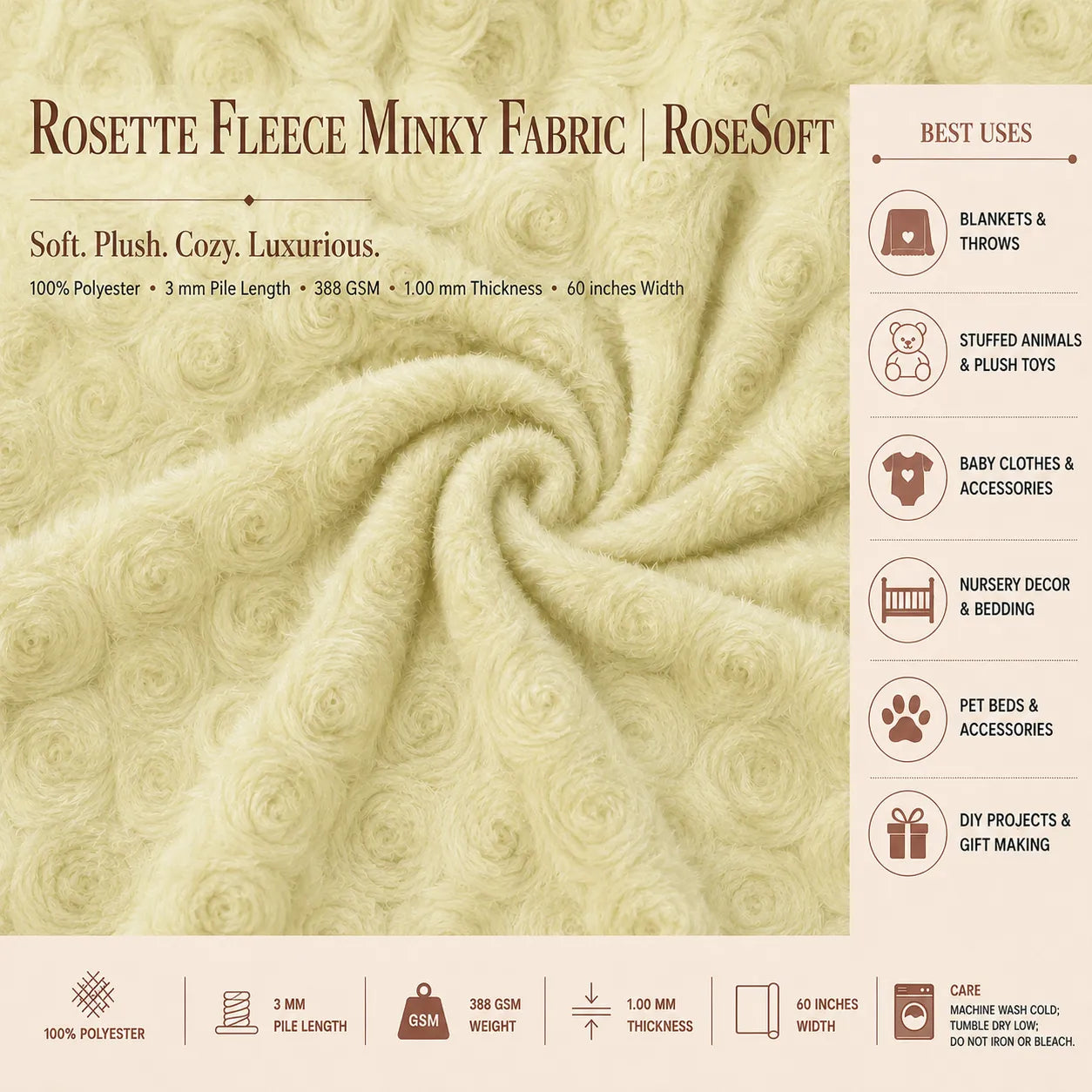 Black Rosette Fleece Minky Fabric By The Yard | RoseSoft