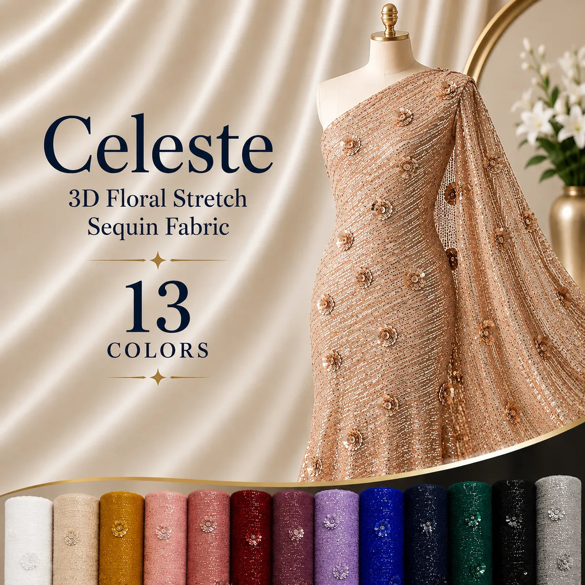 Celeste 3D Floral Stretch Sequin Fabric