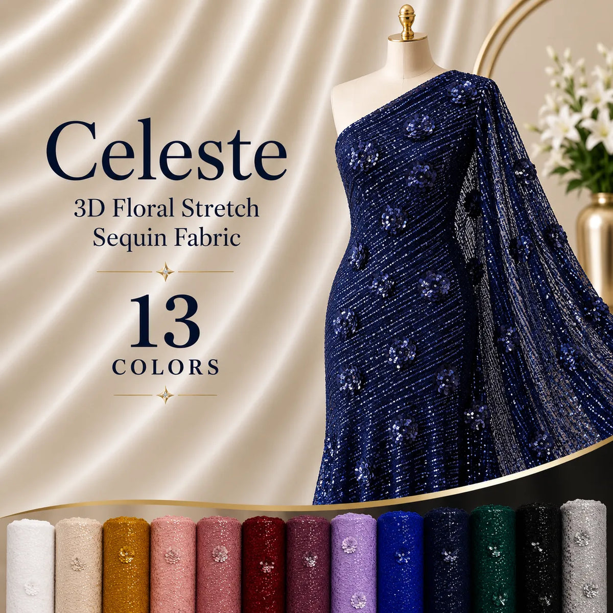 Celeste 3D Floral Stretch Sequin Fabric