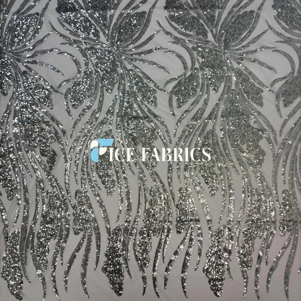 Silver Feather Stretch Sequin Fabric