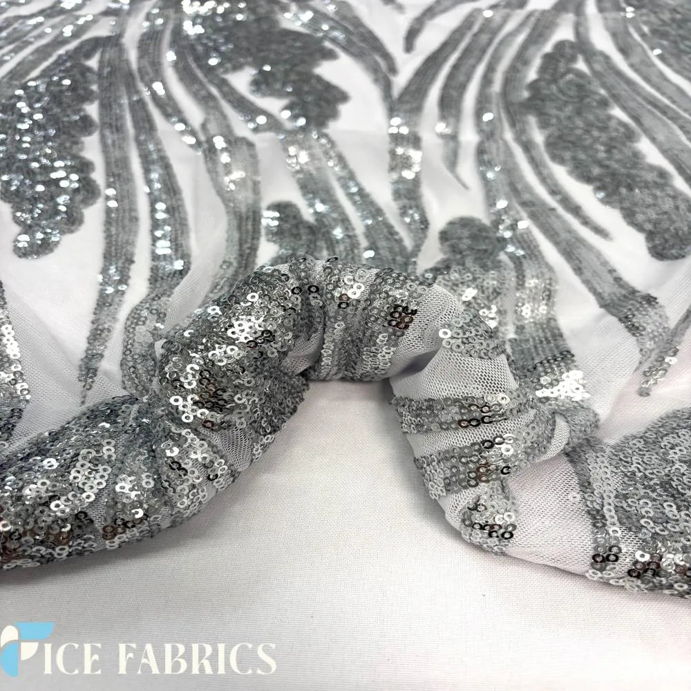 Silver Feather Stretch Sequin Fabric By The Yard