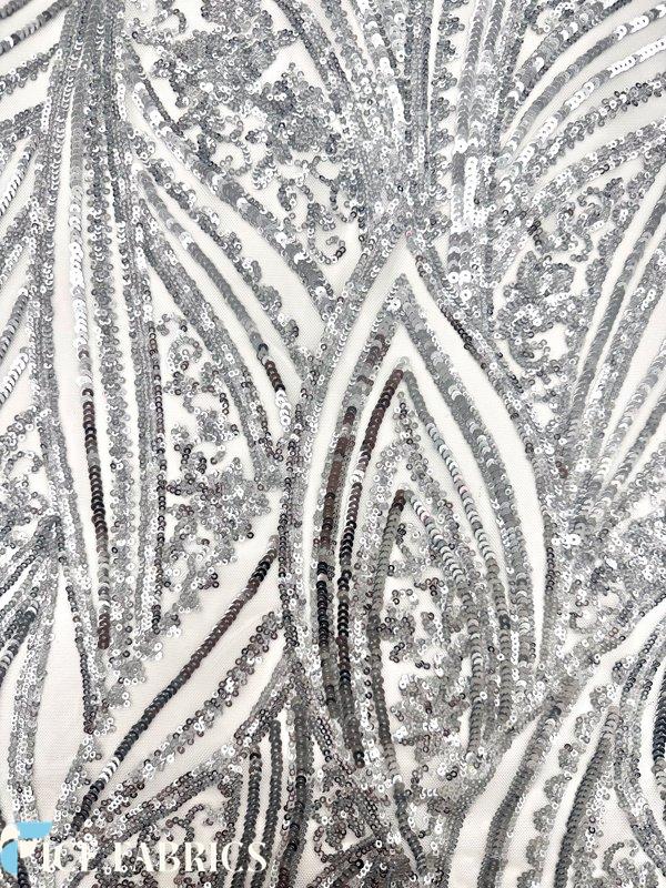 Silver on White Stretch Sequin Fabric On Mesh