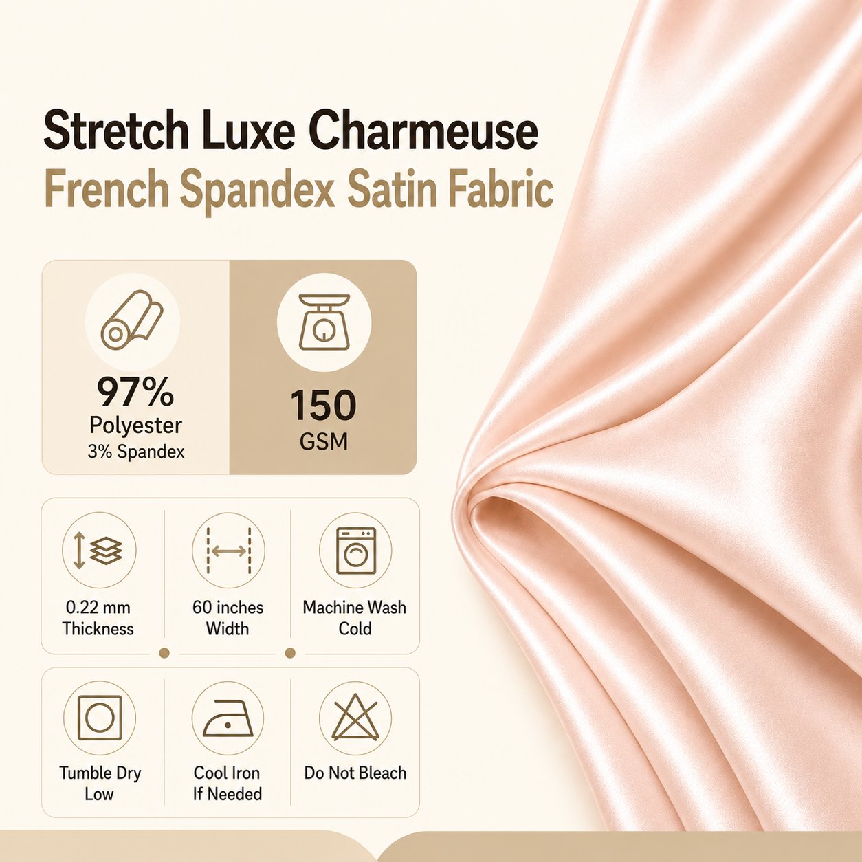 Silky Charmeuse Stretch Satin Fabric Fashion Fabric Black