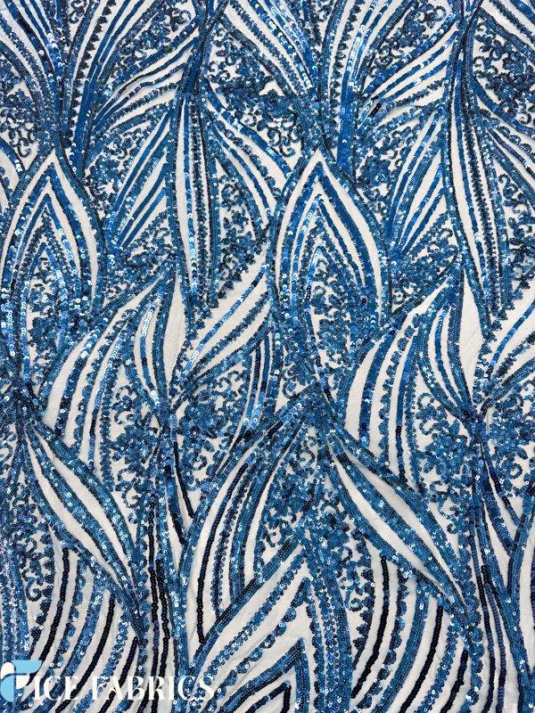 Teal Blue Damask Stretch Sequin Fabric On Mesh