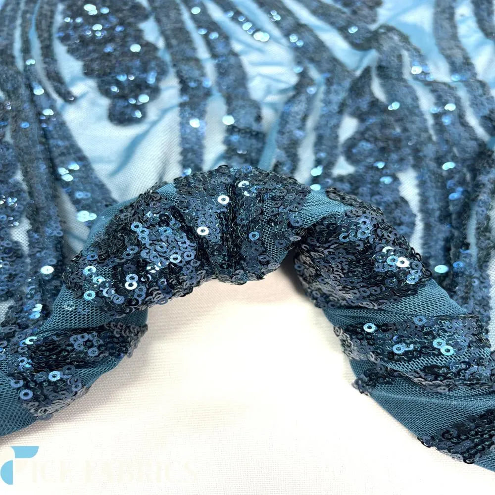 Teal Blue Feather Stretch Sequin Fabric By The Yard