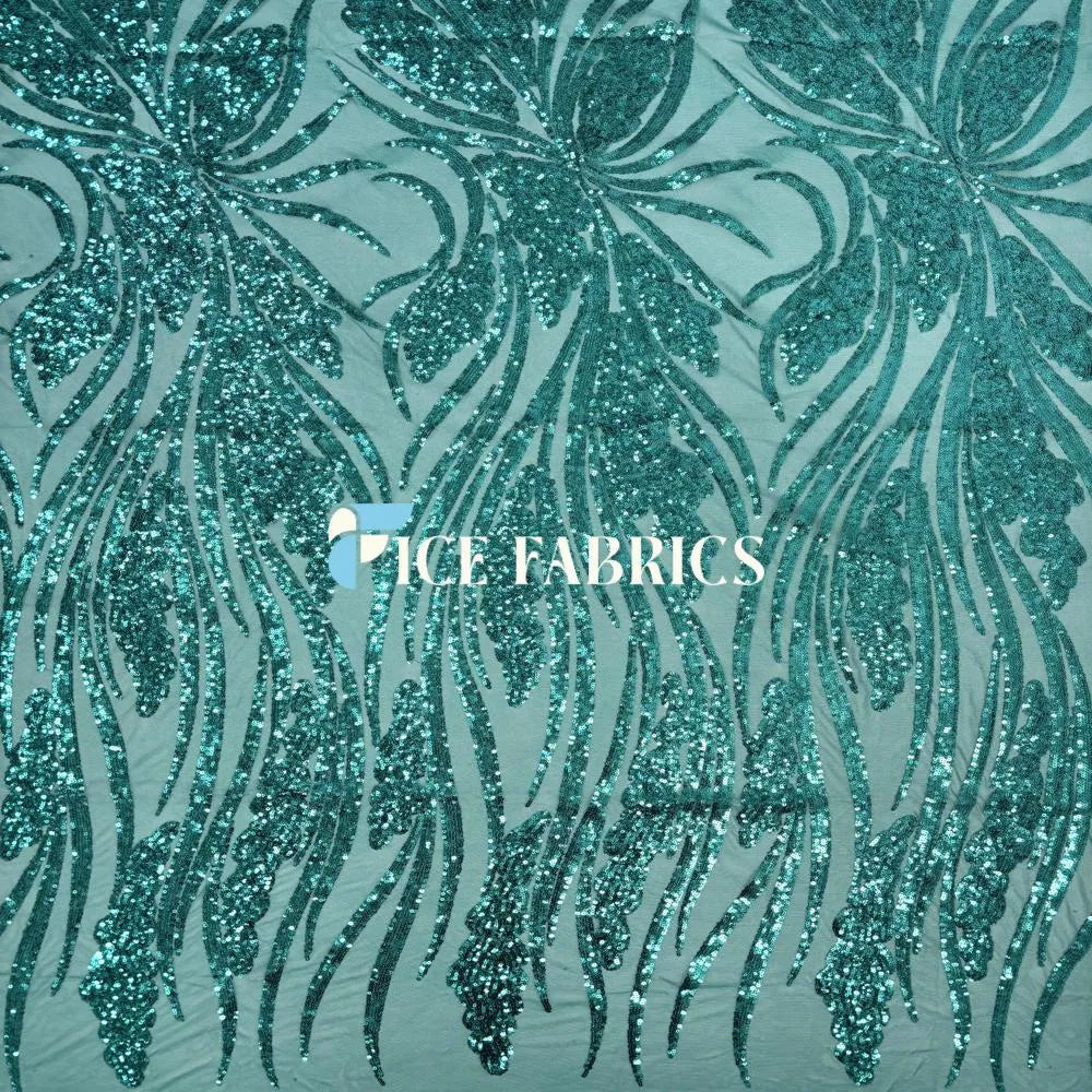 Teal Green Stretch Sequin Fabric On Mesh