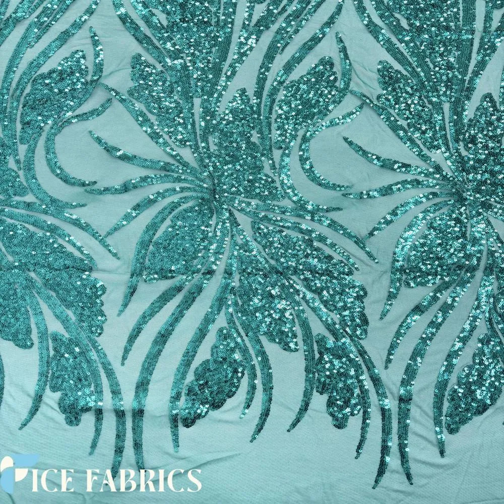 Teal Green Feather Stretch Sequin Fabric