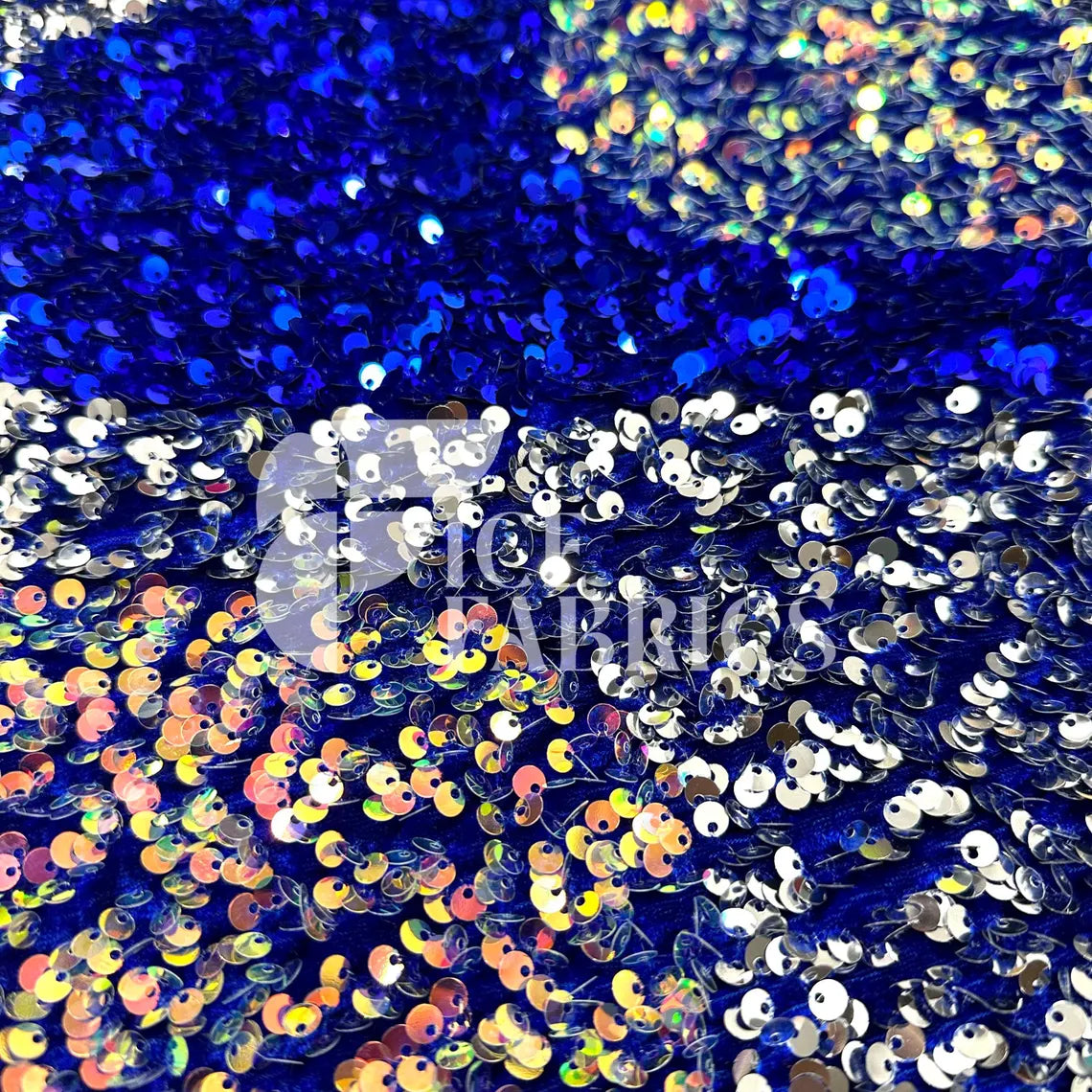 Wavy Royal Silver Iridescent on Blue Stretch Velvet Sequin Fabric