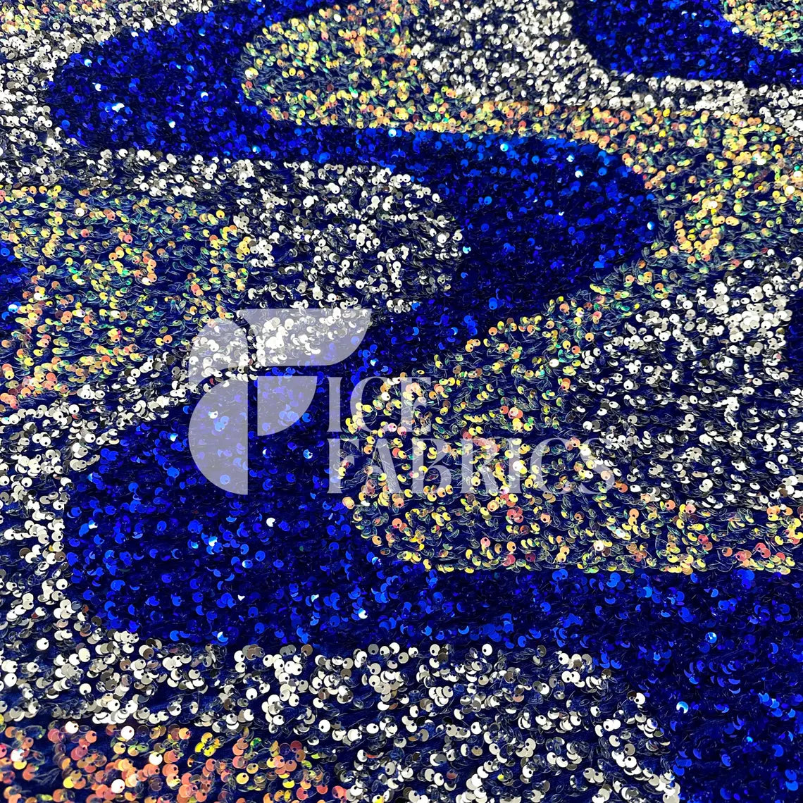 Wavy Royal Silver Iridescent on Blue Stretch Velvet Sequin Fabric