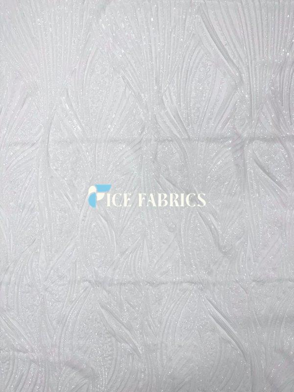 White Damask Stretch Sequin Fabric On Mesh