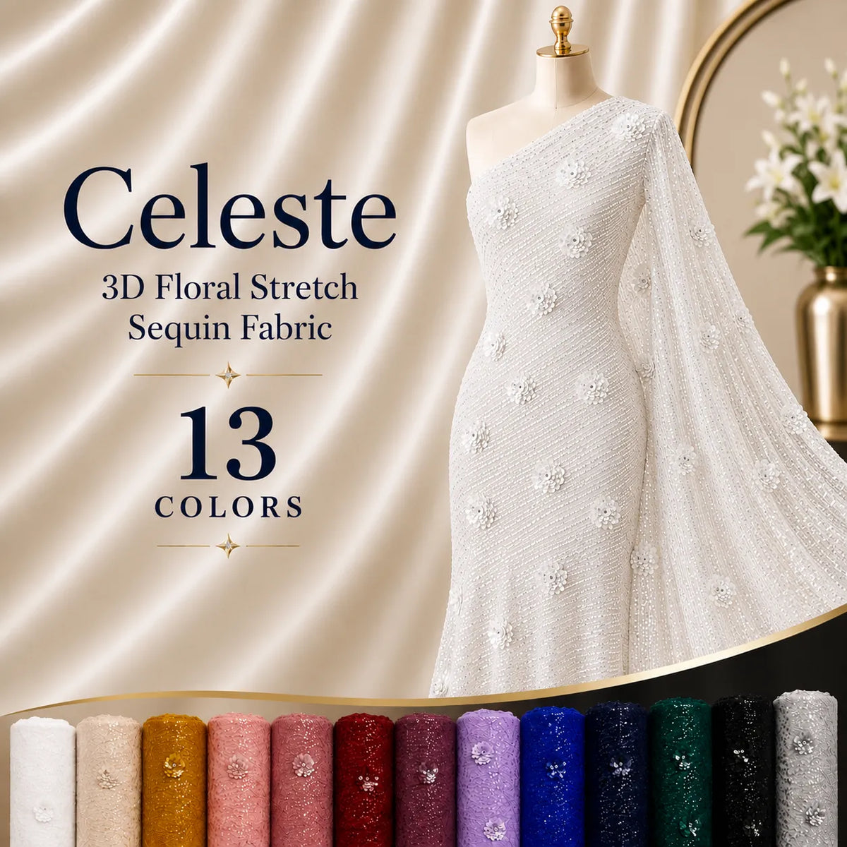 Celeste 3D Floral Stretch Sequin Fabric