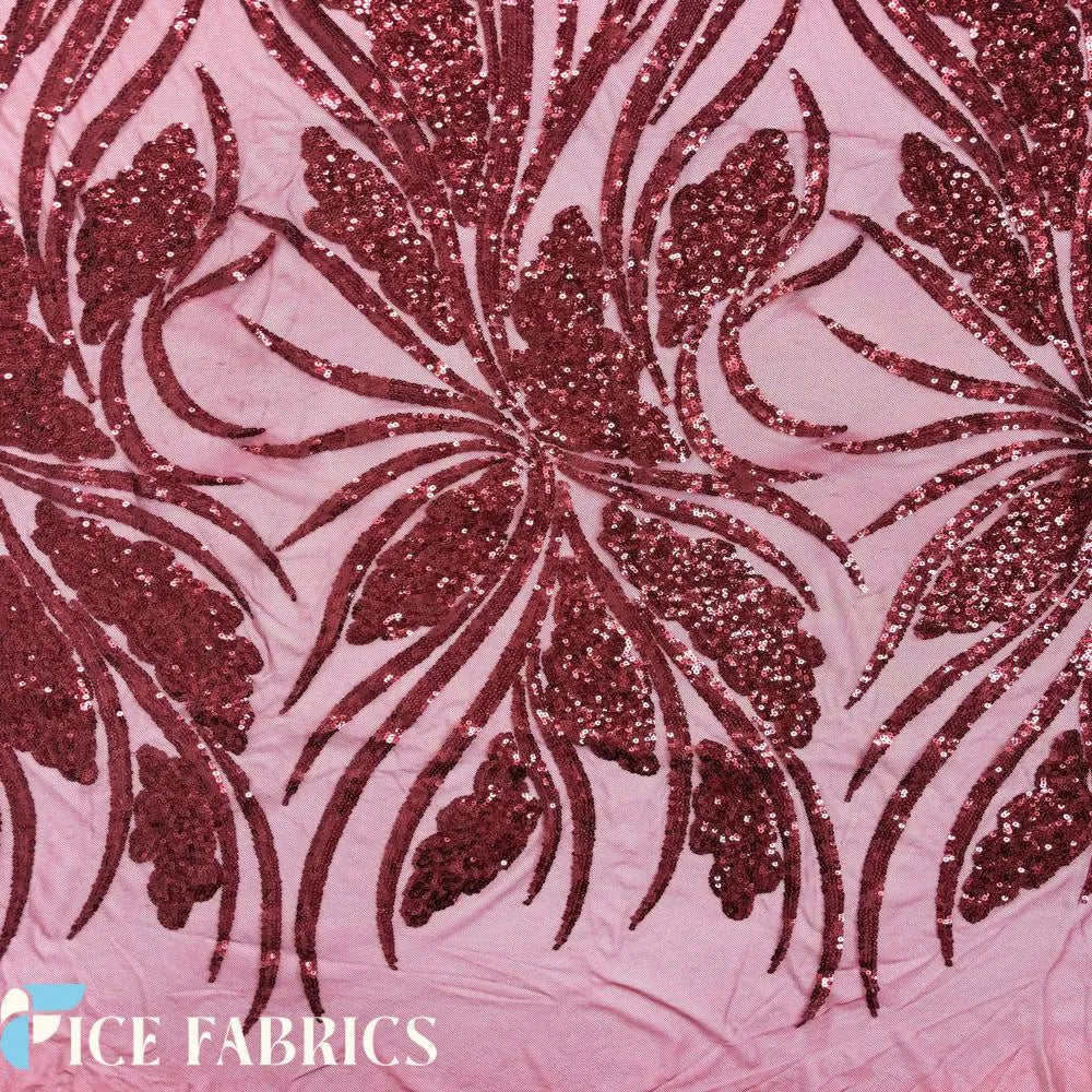 Wine Red Feather Stretch Sequin Fabric Wholesale