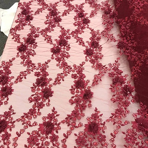 3D Flowers Debora Design Beaded Mesh Lace Fabric By The YardICEFABRICICE FABRICSChampagne3D Flowers Debora Design Beaded Mesh Lace Fabric By The Yard ICEFABRIC |Burgundy