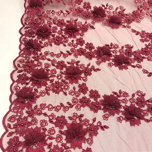 3D Flowers Debora Design Beaded Mesh Lace Fabric By The YardICEFABRICICE FABRICSChampagne3D Flowers Debora Design Beaded Mesh Lace Fabric By The Yard ICEFABRIC |Burgundy