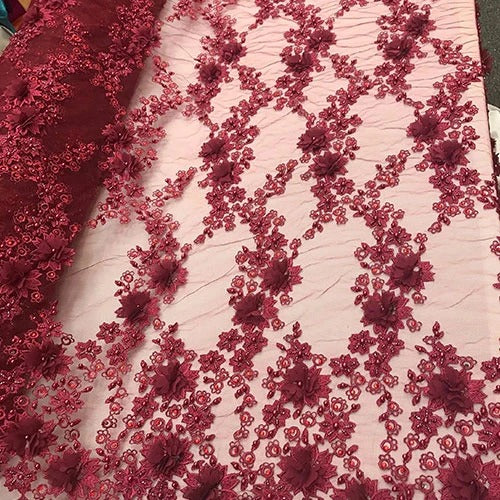 3D Flowers Debora Design Beaded Mesh Lace Fabric By The YardICEFABRICICE FABRICSBurgundy3D Flowers Debora Design Beaded Mesh Lace Fabric By The Yard ICEFABRIC |Burgundy