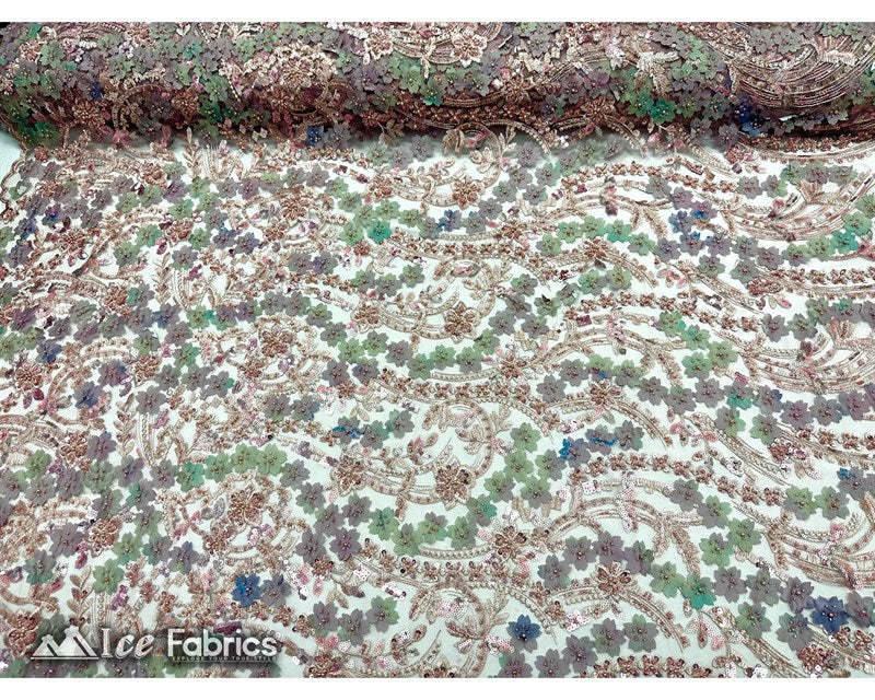 3D Flowers Floral Beaded Fabric | Sequin Lace on MeshICE FABRICSICE FABRICSDusty RoseBy The Yard (50" Wide)3D Flowers Floral Beaded Fabric | Sequin Lace on Mesh