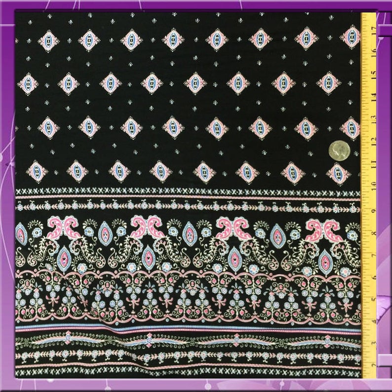 100% Rayon Challis One Border Black & Fuchsia Fabric by The YardChallis FabricICEFABRICICE FABRICS100% Rayon Challis One Border Black & Fuchsia Fabric by The Yard ICEFABRIC