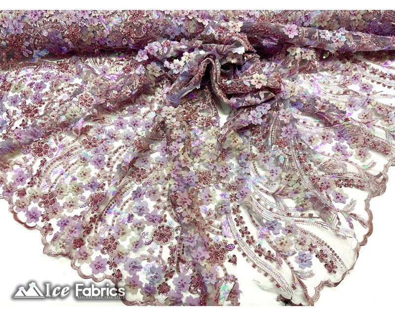 3D Flowers Floral Beaded Fabric | Sequin Lace on MeshICE FABRICSICE FABRICSLavenderBy The Yard (50" Wide)3D Flowers Floral Beaded Fabric | Sequin Lace on Mesh