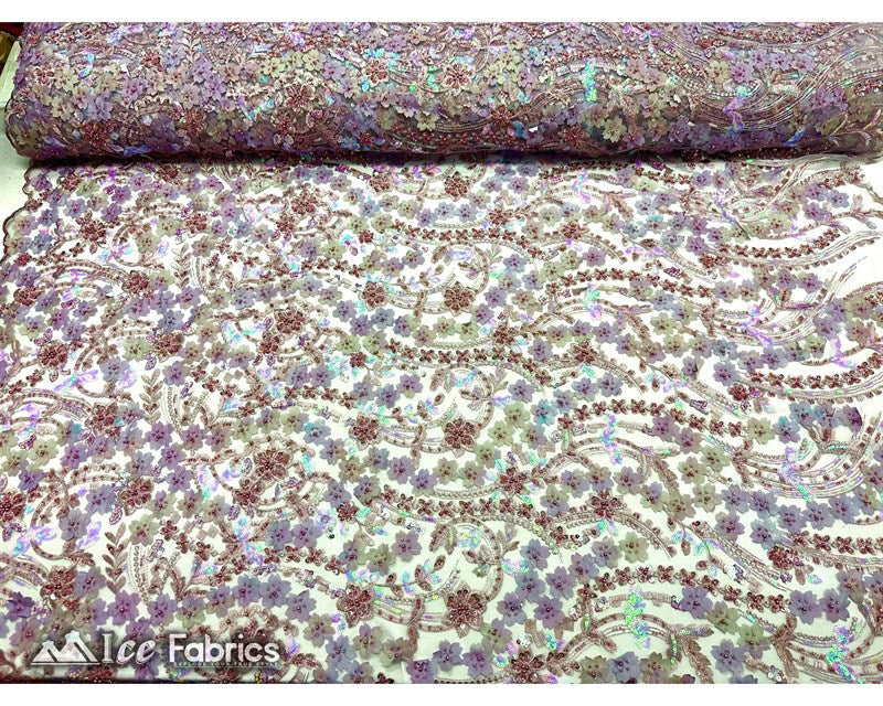 3D Flowers Floral Beaded Fabric | Sequin Lace on MeshICE FABRICSICE FABRICSLavenderBy The Yard (50" Wide)3D Flowers Floral Beaded Fabric | Sequin Lace on Mesh