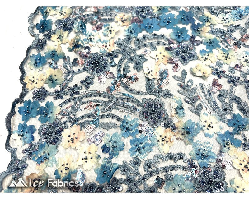 3D Flowers Floral Beaded Fabric | Sequin Lace on MeshICE FABRICSICE FABRICSLight BlueBy The Yard (50" Wide)3D Flowers Floral Beaded Fabric | Sequin Lace on Mesh