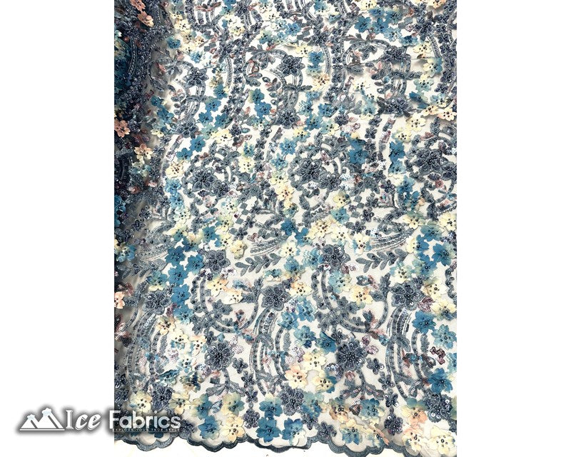 3D Flowers Floral Beaded Fabric | Sequin Lace on MeshICE FABRICSICE FABRICSLight BlueBy The Yard (50" Wide)3D Flowers Floral Beaded Fabric | Sequin Lace on Mesh