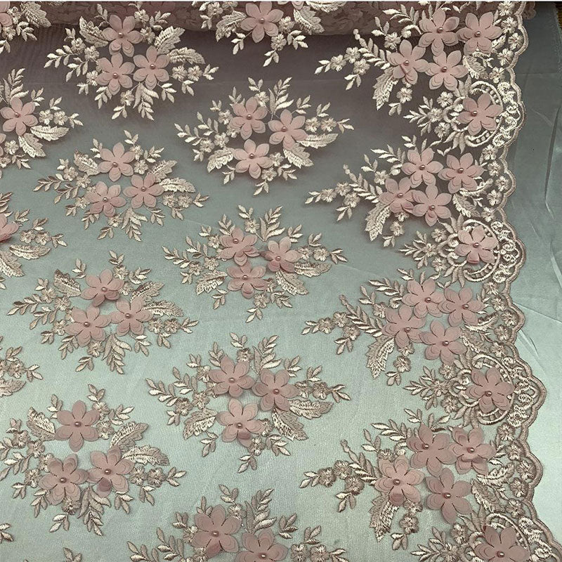 3D Flowers Embroidered Bridal Beaded Mesh Lace Wedding FabricICEFABRICICE FABRICSPink3D Flowers Embroidered Bridal Beaded Mesh Lace Wedding Fabric ICEFABRIC |Pink