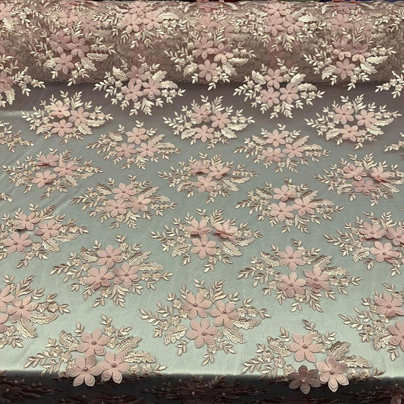 3D Flowers Embroidered Bridal Beaded Mesh Lace Wedding FabricICEFABRICICE FABRICSPink3D Flowers Embroidered Bridal Beaded Mesh Lace Wedding Fabric ICEFABRIC |Pink
