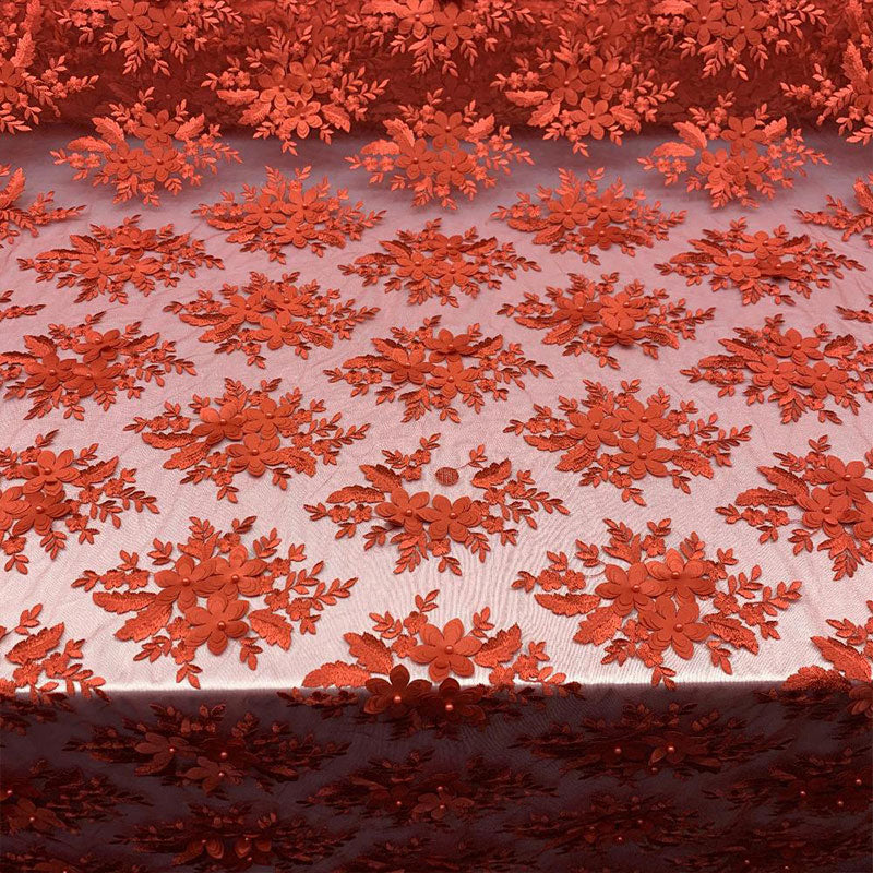 3D Flowers Embroidered Bridal Beaded Mesh Lace Wedding FabricICEFABRICICE FABRICSRed3D Flowers Embroidered Bridal Beaded Mesh Lace Wedding Fabric ICEFABRIC |Red
