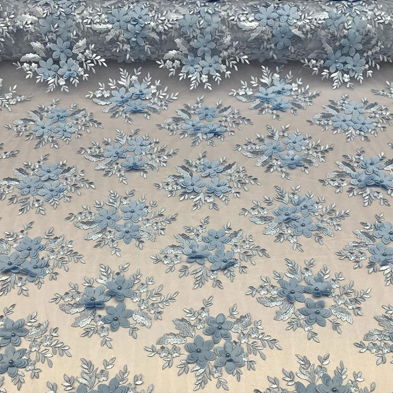 3D Flowers Embroidered Bridal Beaded Mesh Lace Wedding FabricICEFABRICICE FABRICSSky Blue3D Flowers Embroidered Bridal Beaded Mesh Lace Wedding Fabric ICEFABRIC |Sky Blue