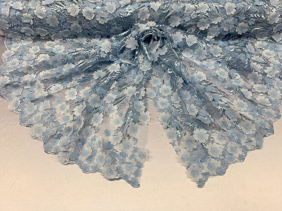 3D Floral Flowers Veil Bridal Gowns Embroidery Mesh Lace Fabric By The YardICEFABRICICE FABRICSSky Blue3D Floral Flowers Veil Bridal Gowns Embroidery Mesh Lace Fabric By The Yard ICEFABRIC |Sky Blue