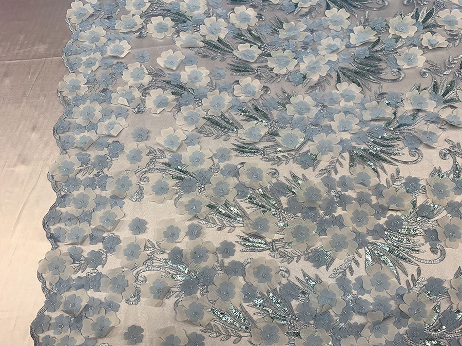 3D Floral Flowers Veil Bridal Gowns Embroidery Mesh Lace Fabric By The YardICEFABRICICE FABRICSSky Blue3D Floral Flowers Veil Bridal Gowns Embroidery Mesh Lace Fabric By The Yard ICEFABRIC |Sky Blue