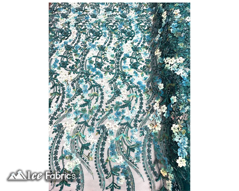 3D Flowers Floral Beaded Fabric | Sequin Lace on MeshICE FABRICSICE FABRICSTeal GreenBy The Yard (50" Wide)3D Flowers Floral Beaded Fabric | Sequin Lace on Mesh