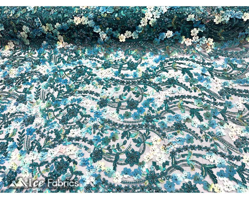 3D Flowers Floral Beaded Fabric | Sequin Lace on MeshICE FABRICSICE FABRICSTeal GreenBy The Yard (50" Wide)3D Flowers Floral Beaded Fabric | Sequin Lace on Mesh