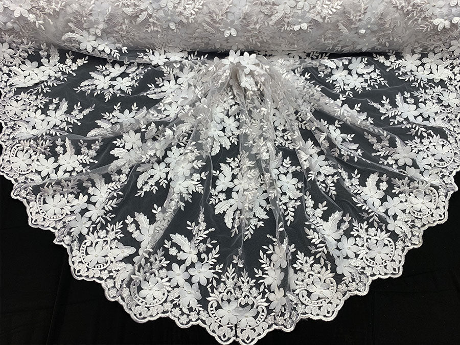 3D Flowers Embroidered Bridal Beaded Mesh Lace Wedding FabricICEFABRICICE FABRICSWhite3D Flowers Embroidered Bridal Beaded Mesh Lace Wedding Fabric ICEFABRIC |White