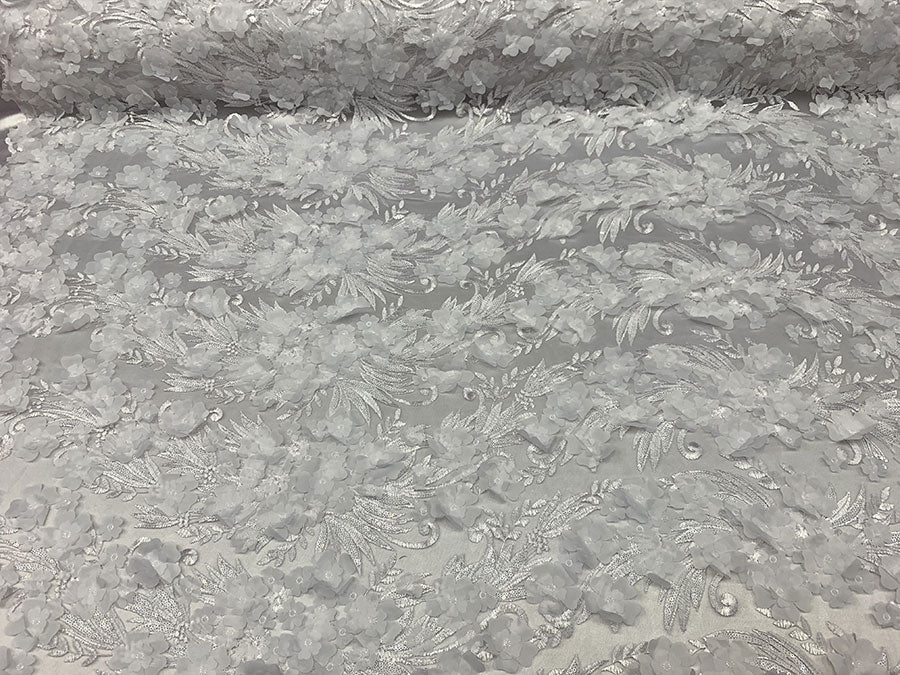 3D Floral Flowers Veil Bridal Gowns Embroidery Mesh Lace Fabric By The YardICEFABRICICE FABRICSWhite3D Floral Flowers Veil Bridal Gowns Embroidery Mesh Lace Fabric By The Yard ICEFABRIC |White