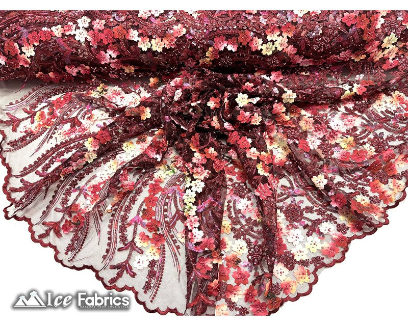 3D Flowers Floral Beaded Fabric | Sequin Lace on MeshICE FABRICSICE FABRICSWine RedBy The Yard (50" Wide)3D Flowers Floral Beaded Fabric | Sequin Lace on Mesh