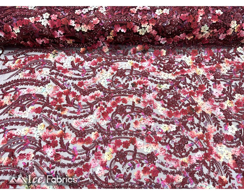 3D Flowers Floral Beaded Fabric | Sequin Lace on MeshICE FABRICSICE FABRICSWine RedBy The Yard (50" Wide)3D Flowers Floral Beaded Fabric | Sequin Lace on Mesh