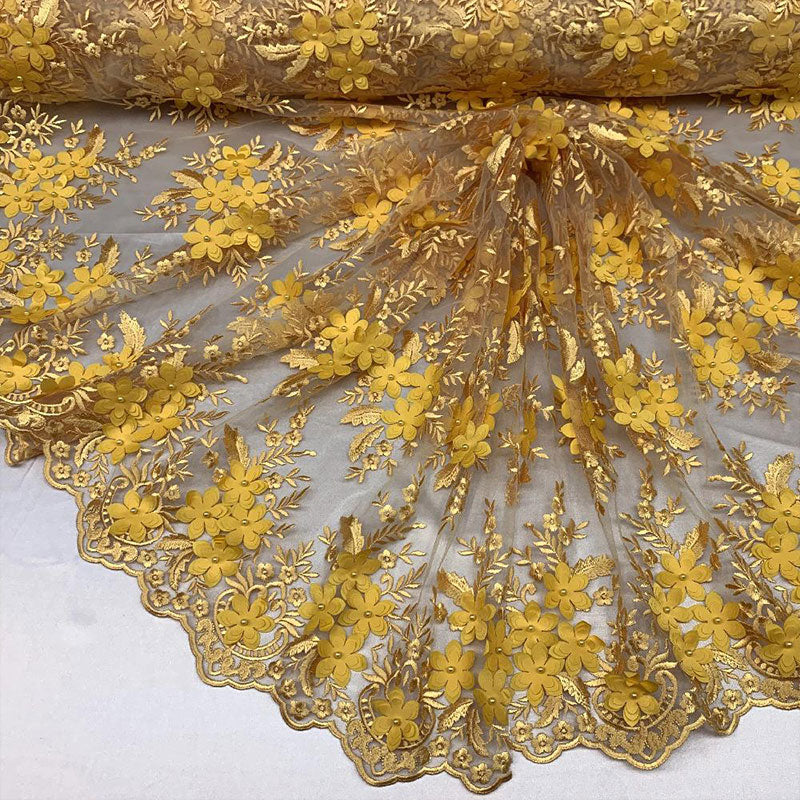 3D Flowers Embroidered Bridal Beaded Mesh Lace Wedding FabricICEFABRICICE FABRICSYellow3D Flowers Embroidered Bridal Beaded Mesh Lace Wedding Fabric ICEFABRIC |Yellow