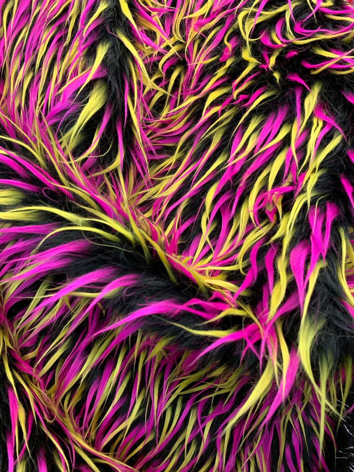 3 Tone Long Pile Design 60 Inches Wide Faux Fur Fake Fabric Yellow Hot Pink Black