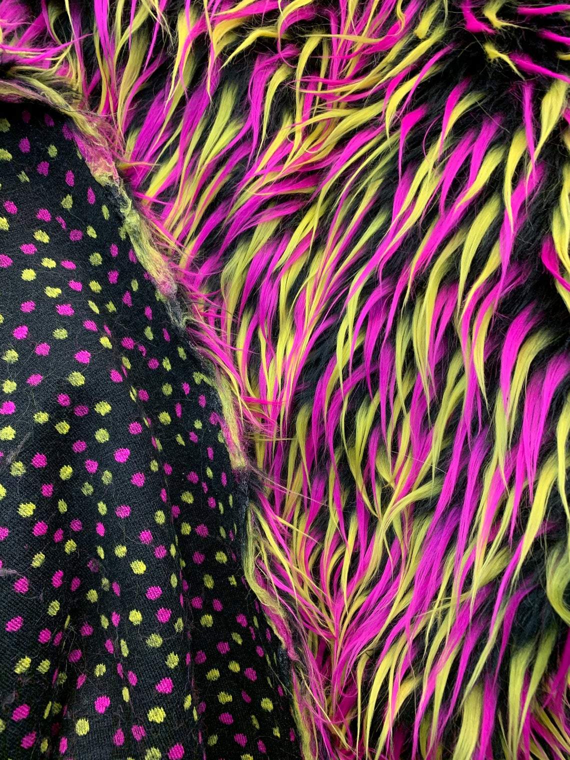 3 Tone Long Pile Design 60 Inches Wide Faux Fur Fake Fabric Yellow Hot Pink Black