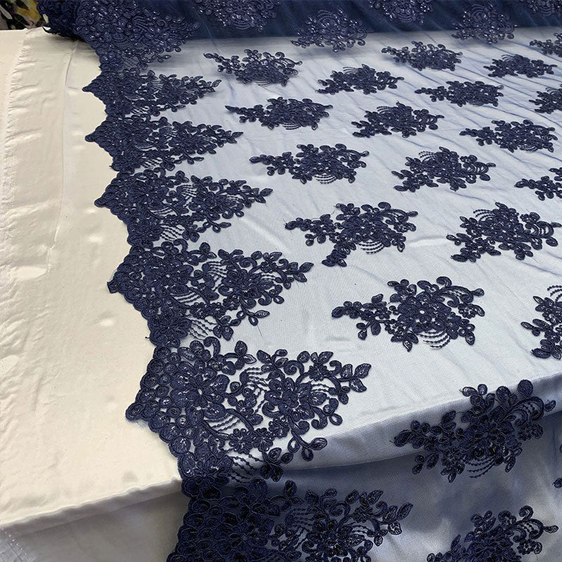 Embroidered Mesh lace Floral Design Fabric With Sequins By The YardICEFABRICICE FABRICSNavy BlueEmbroidered Mesh lace Floral Design Fabric With Sequins By The Yard ICEFABRIC Navy Blue
