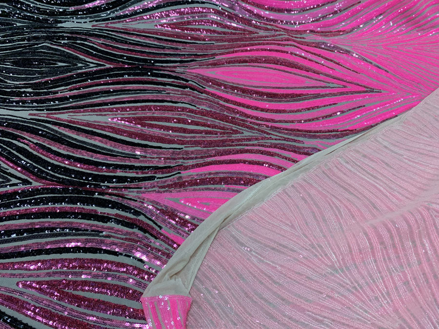 New Wavy Geometric Prom 4 Way Stretch Sequins Fabric by the YardICEFABRICICE FABRICSNeon Pink Black On Nude Mesh1 YARDNew Wavy Geometric Prom 4 Way Stretch Sequins Fabric by the Yard ICEFABRIC