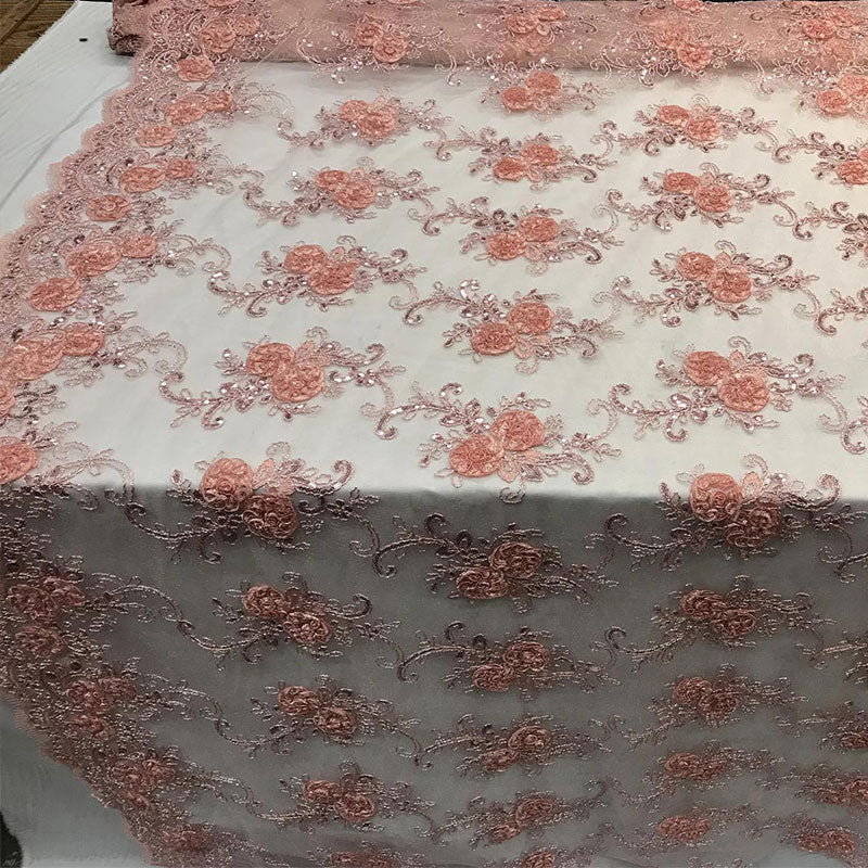 Embroidered Mesh Lace Flower Design With Sequins FabricICEFABRICICE FABRICSPeachEmbroidered Mesh Lace Flower Design With Sequins Fabric ICEFABRIC Peach