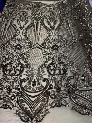BY THE YARD/ Geometric Design Mesh Lace Fabric Sequins 4 Way Stretch On A White Mesh/Handmade Lace Embroider Prom/Gowns/Wedding DressICE FABRICSICE FABRICSBlackBY THE YARD/ Geometric Design Mesh Lace Fabric Sequins 4 Way Stretch On A White Mesh/Handmade Lace Embroider Prom/Gowns/Wedding Dress ICE FABRICS Black