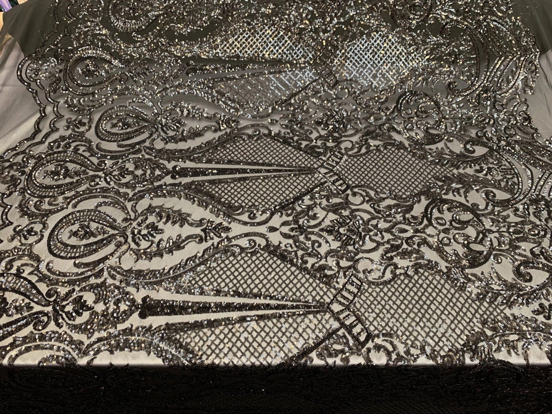 BY THE YARD/ Geometric Design Mesh Lace Fabric Sequins 4 Way Stretch On A White Mesh/Handmade Lace Embroider Prom/Gowns/Wedding DressICE FABRICSICE FABRICSBlackBY THE YARD/ Geometric Design Mesh Lace Fabric Sequins 4 Way Stretch On A White Mesh/Handmade Lace Embroider Prom/Gowns/Wedding Dress ICE FABRICS Black