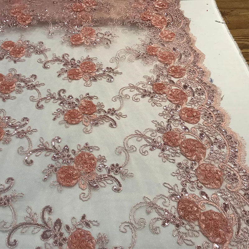Embroidered Mesh Lace Flower Design With Sequins FabricICEFABRICICE FABRICSPeachEmbroidered Mesh Lace Flower Design With Sequins Fabric ICEFABRIC Peach