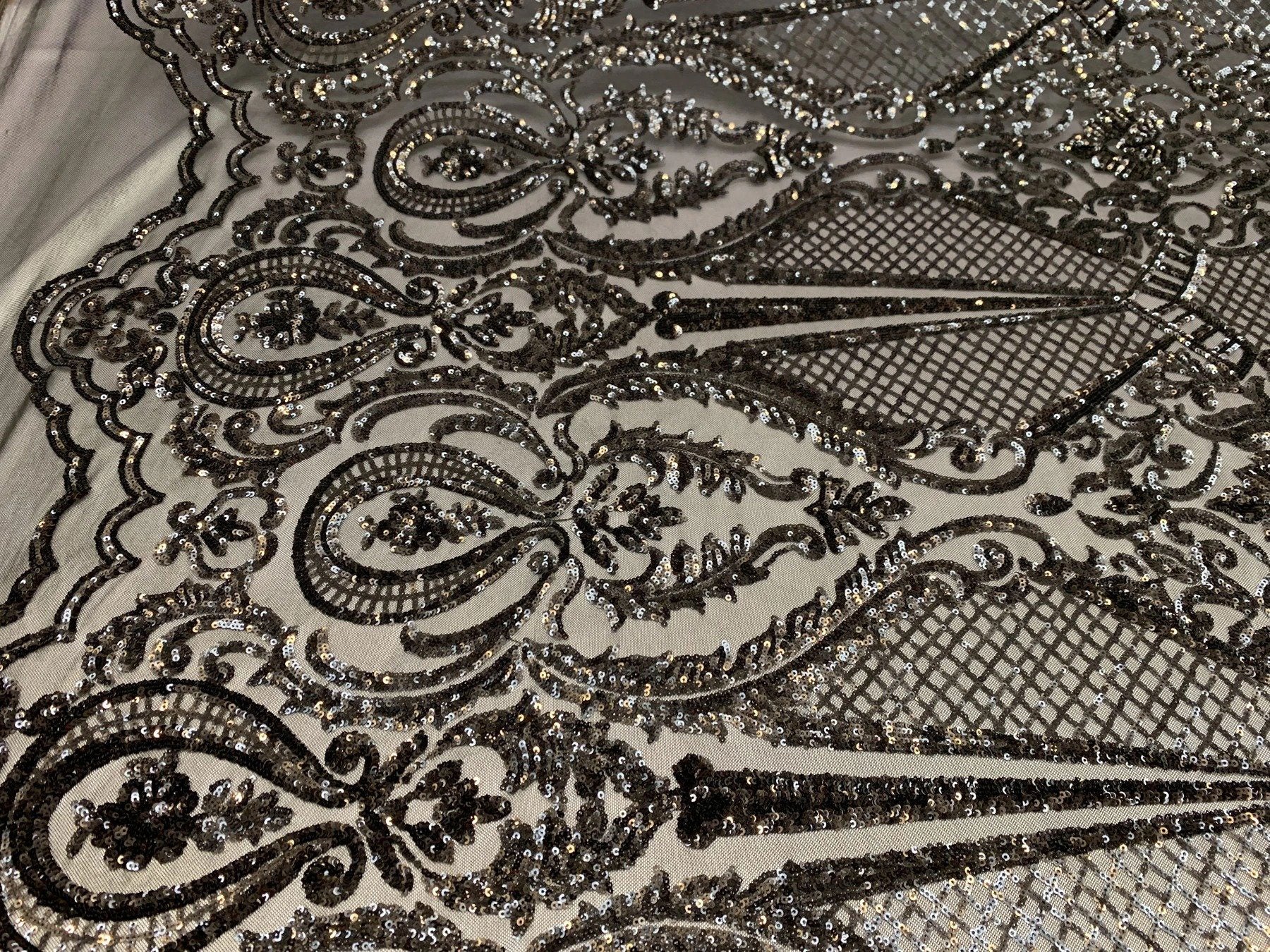 BY THE YARD/ Geometric Design Mesh Lace Fabric Sequins 4 Way Stretch On A White Mesh/Handmade Lace Embroider Prom/Gowns/Wedding DressICE FABRICSICE FABRICSBlackBY THE YARD/ Geometric Design Mesh Lace Fabric Sequins 4 Way Stretch On A White Mesh/Handmade Lace Embroider Prom/Gowns/Wedding Dress ICE FABRICS Black