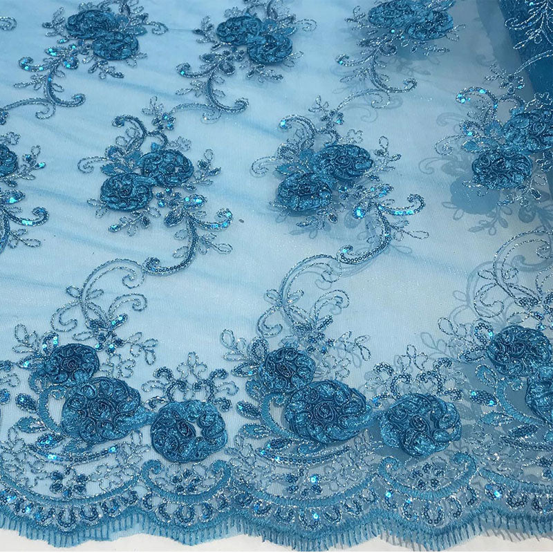 Embroidered Mesh Lace Flower Design With Sequins FabricICEFABRICICE FABRICSTurquoiseEmbroidered Mesh Lace Flower Design With Sequins Fabric ICEFABRIC Turquoise